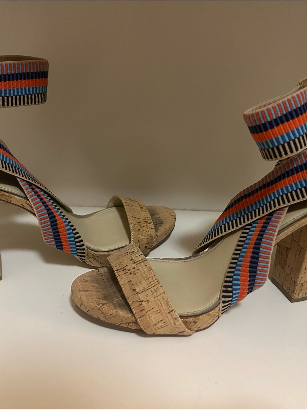 Jessica Simpson Cork Block Heel Sandals with Blue & Orange Striped Ankle Strap